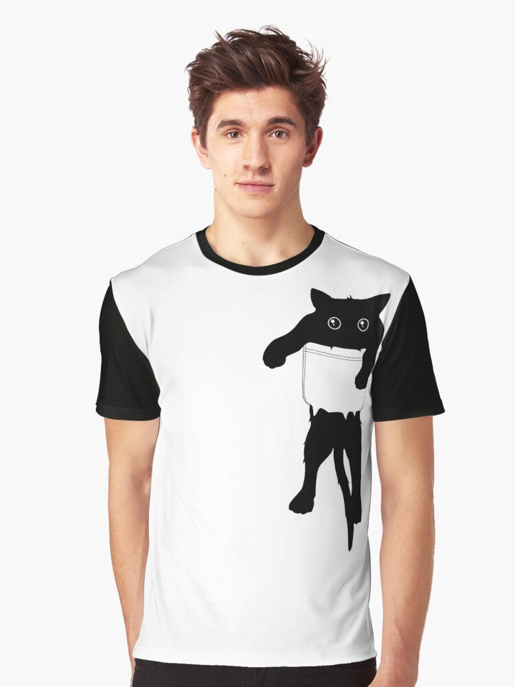 Black cat graphic t-shirt with a minimalist "hang loose" pocket art design - Men