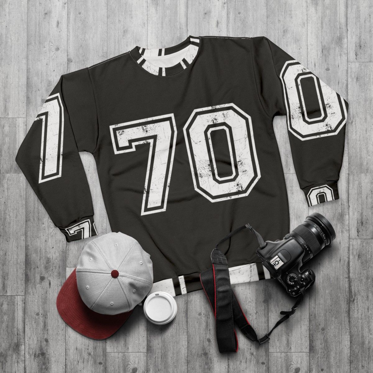 Sports sweatshirt with large number 70 jersey design - flat lay