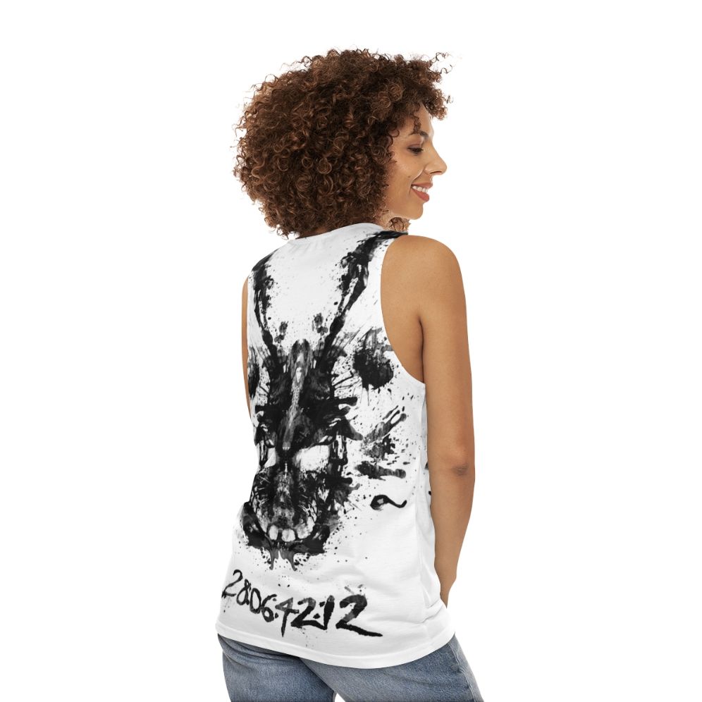 Donnie Darko inspired unisex tank top with Rorschach inkblot and Frank the Bunny - women back