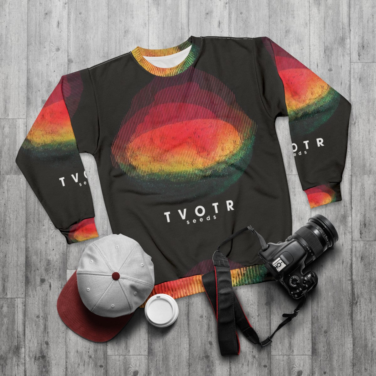 Tranpri New TV On The Tour 2022 Sweatshirt with TVOTR band logo - flat lay