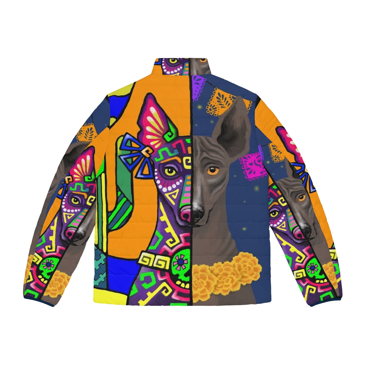 Prehispanic Xolo Puffer Jacket featuring the Mexican hairless dog breed - Back