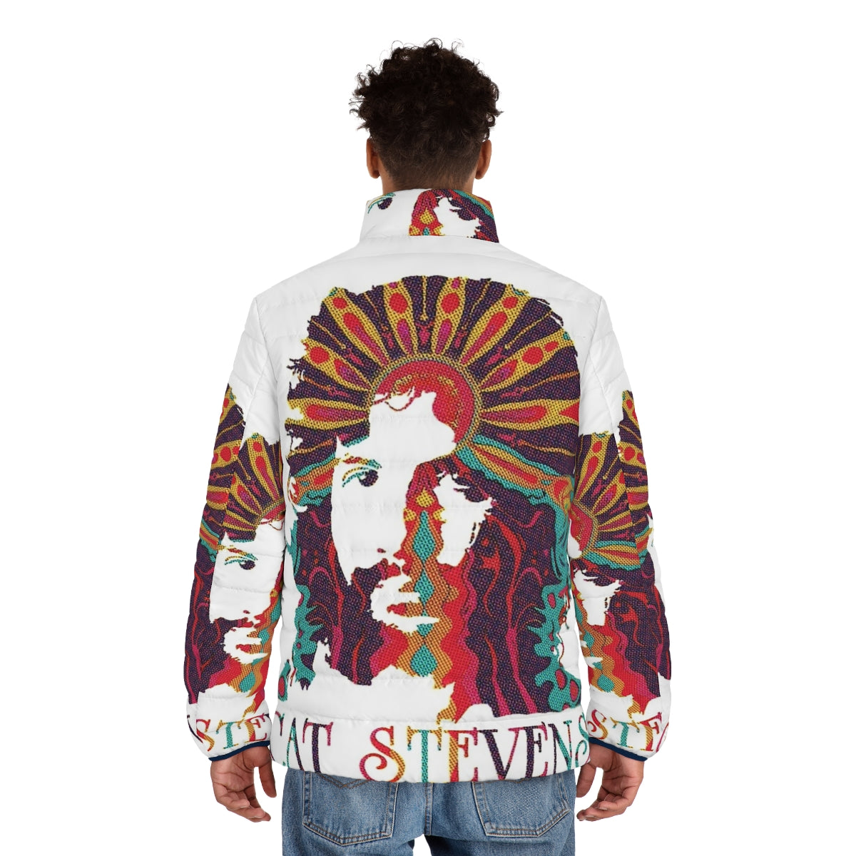 Cat Stevens singer songwriter wearing a psychedelic graphic puffer jacket - men back