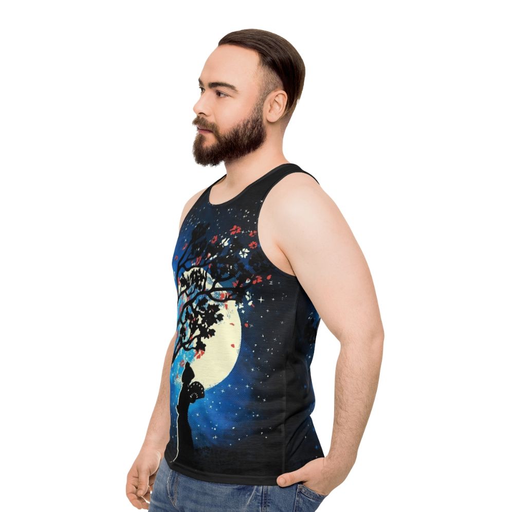 Tranquility unisex tank top with cherry blossom design - men side