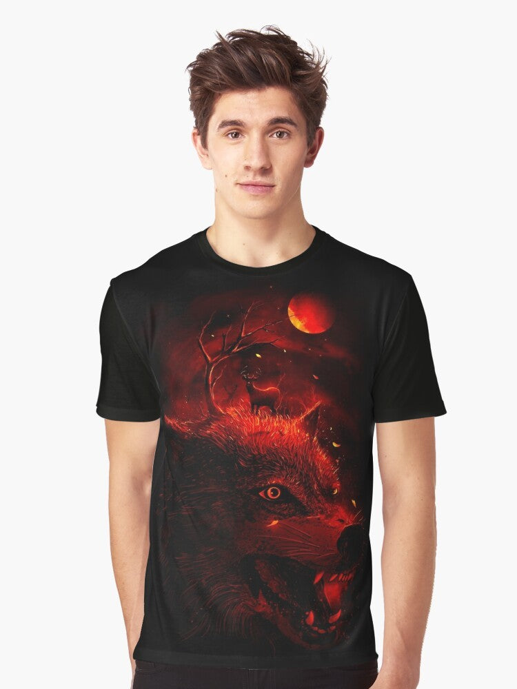 A striking red wolf silhouette against a dark, nature-inspired background on a graphic t-shirt. - Men