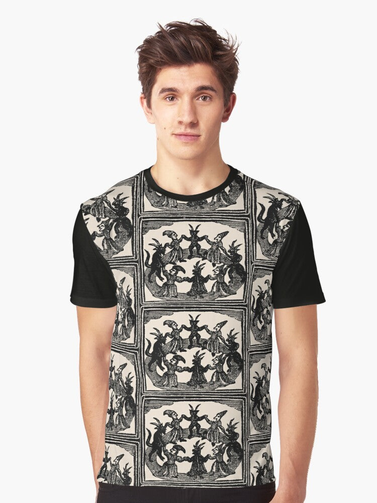 Vintage-style graphic t-shirt featuring a witches' circle dance design in a gothic, medieval style. - Men