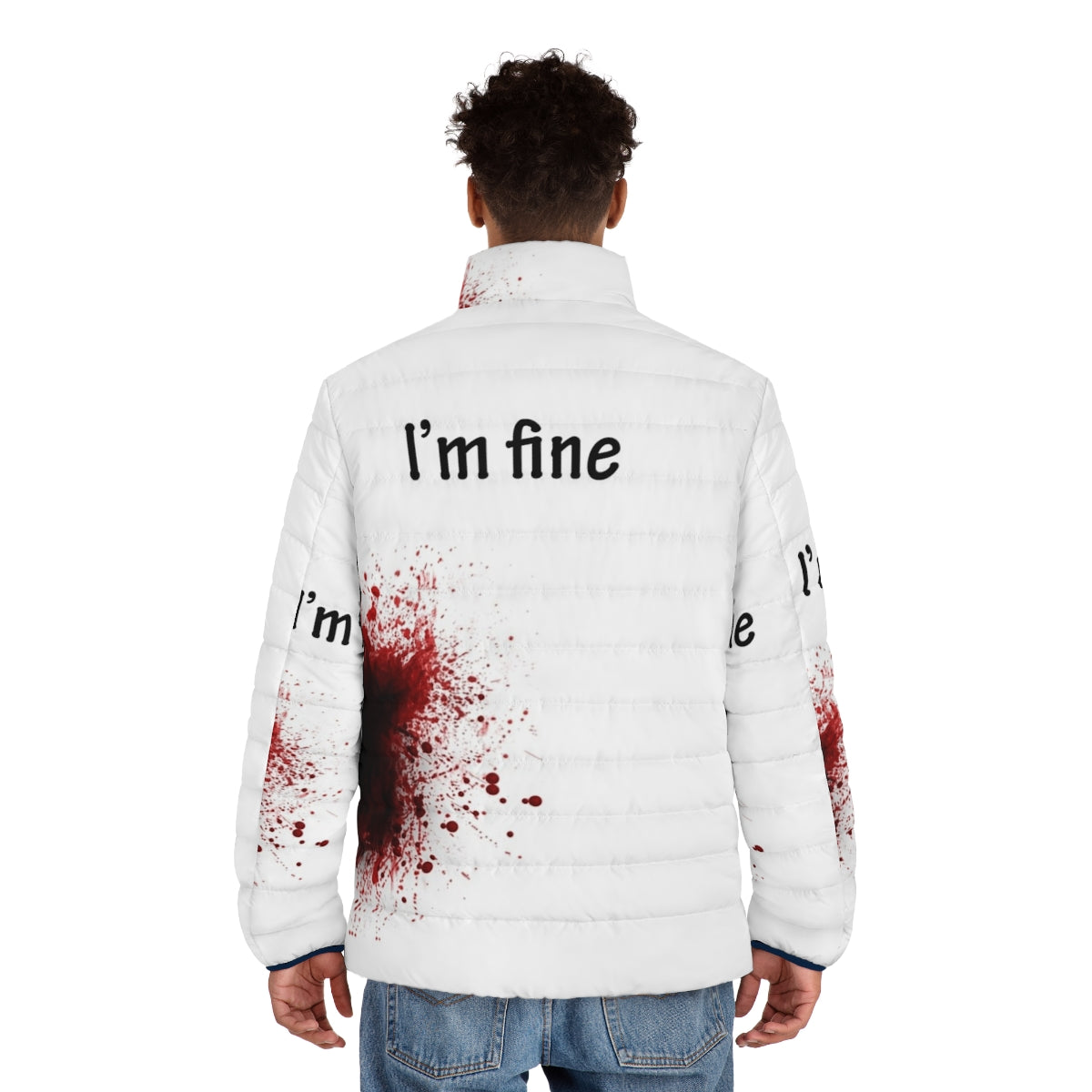 A person wearing the "I Am Fine" puffer jacket, a stylish and warm winter coat - men back