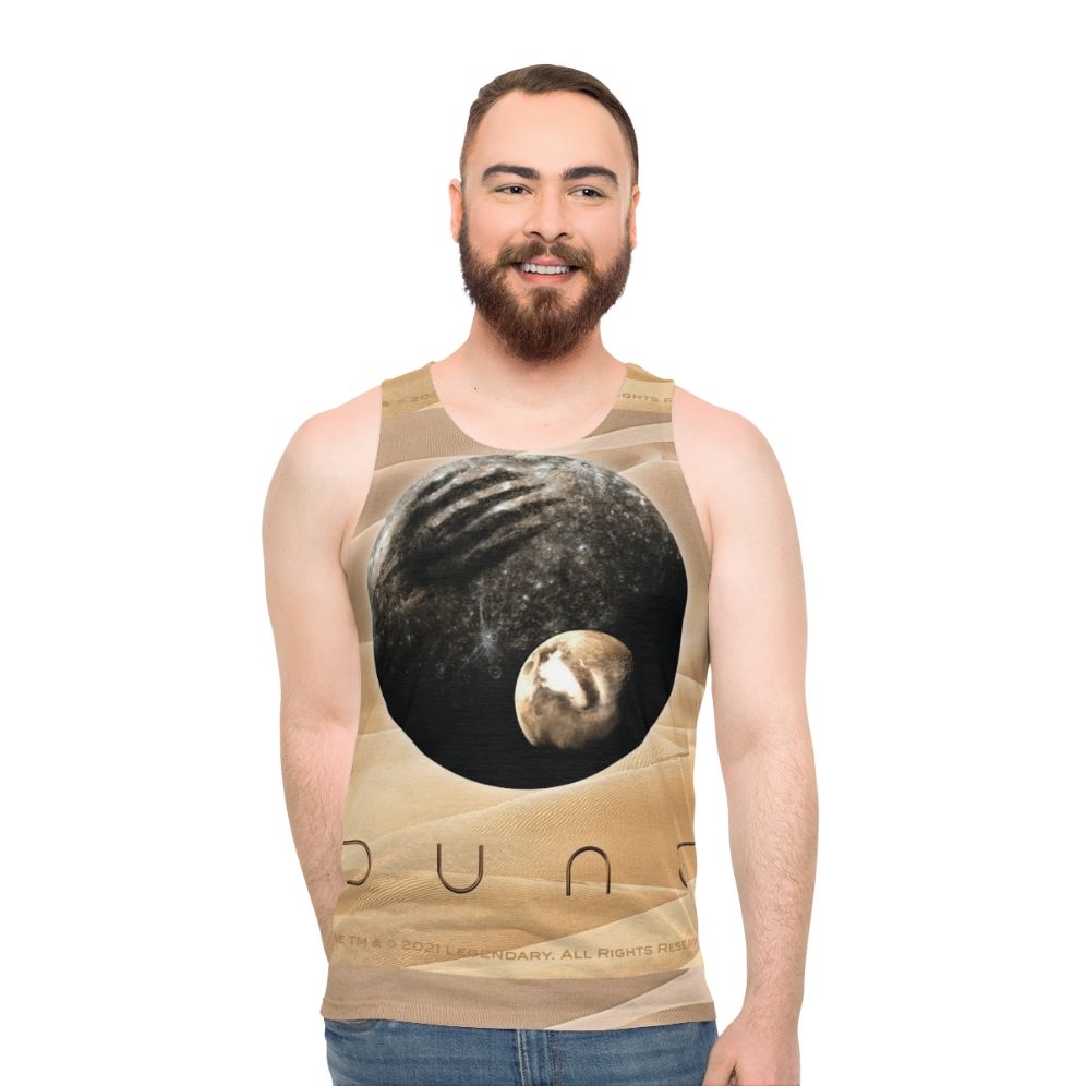 Dune movie inspired unisex tank top with planet and moon design - men