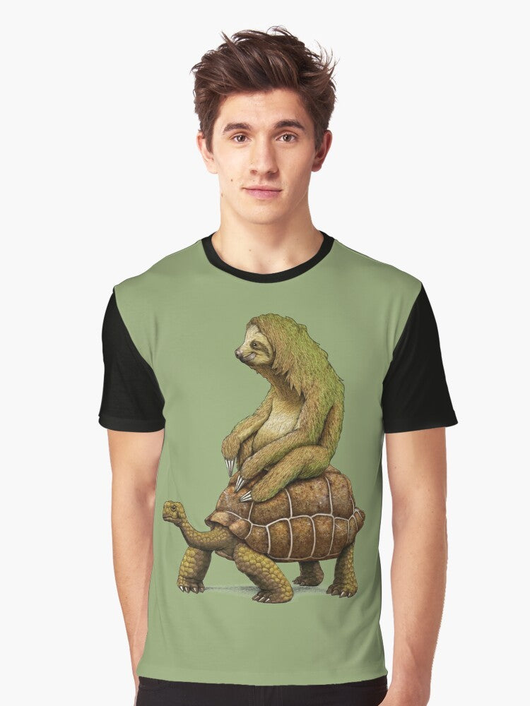 A graphic t-shirt design featuring a sloth riding a turtle, with the text "Speed is Relative". - Men