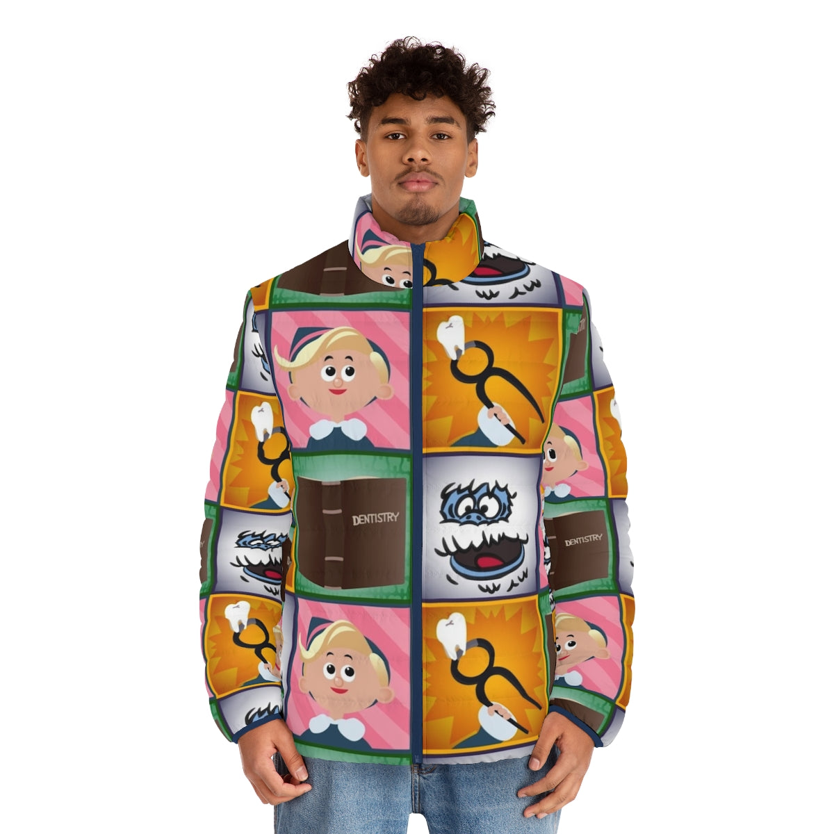 Hermey Squares Puffer Jacket with a festive holiday design - men front