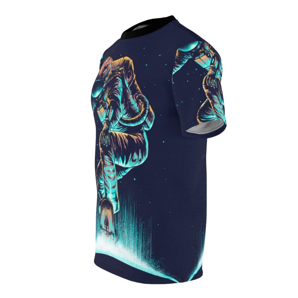 Vibrant cosmic and abstract space-themed graphic design on a high-quality t-shirt. - men left