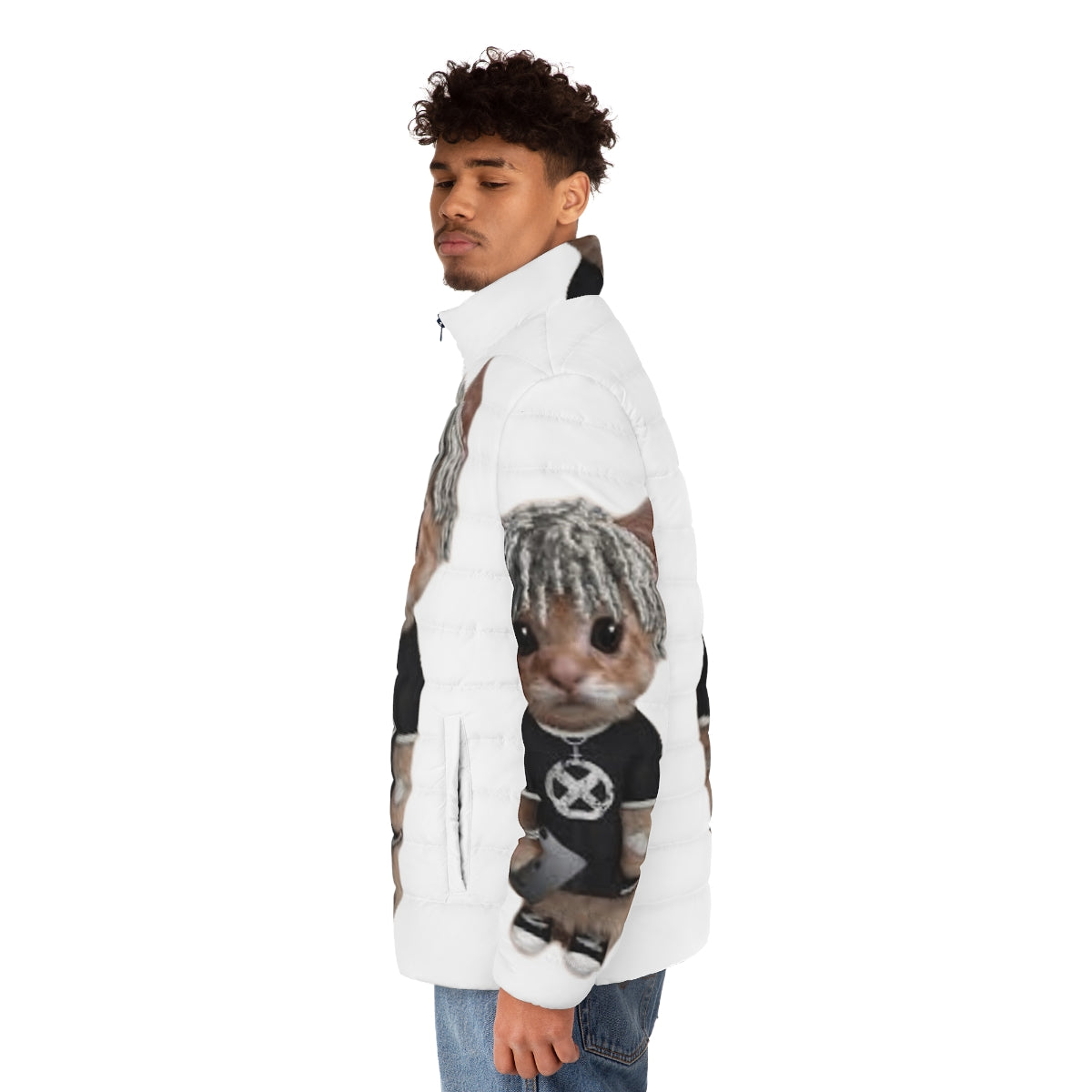 Ken Carson wearing a cat-themed puffer jacket - men side left