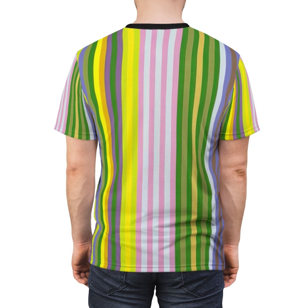 Artwork inspired by the vibrant abstract paintings of renowned artist Gene Davis featured on a high-quality t-shirt. - men back