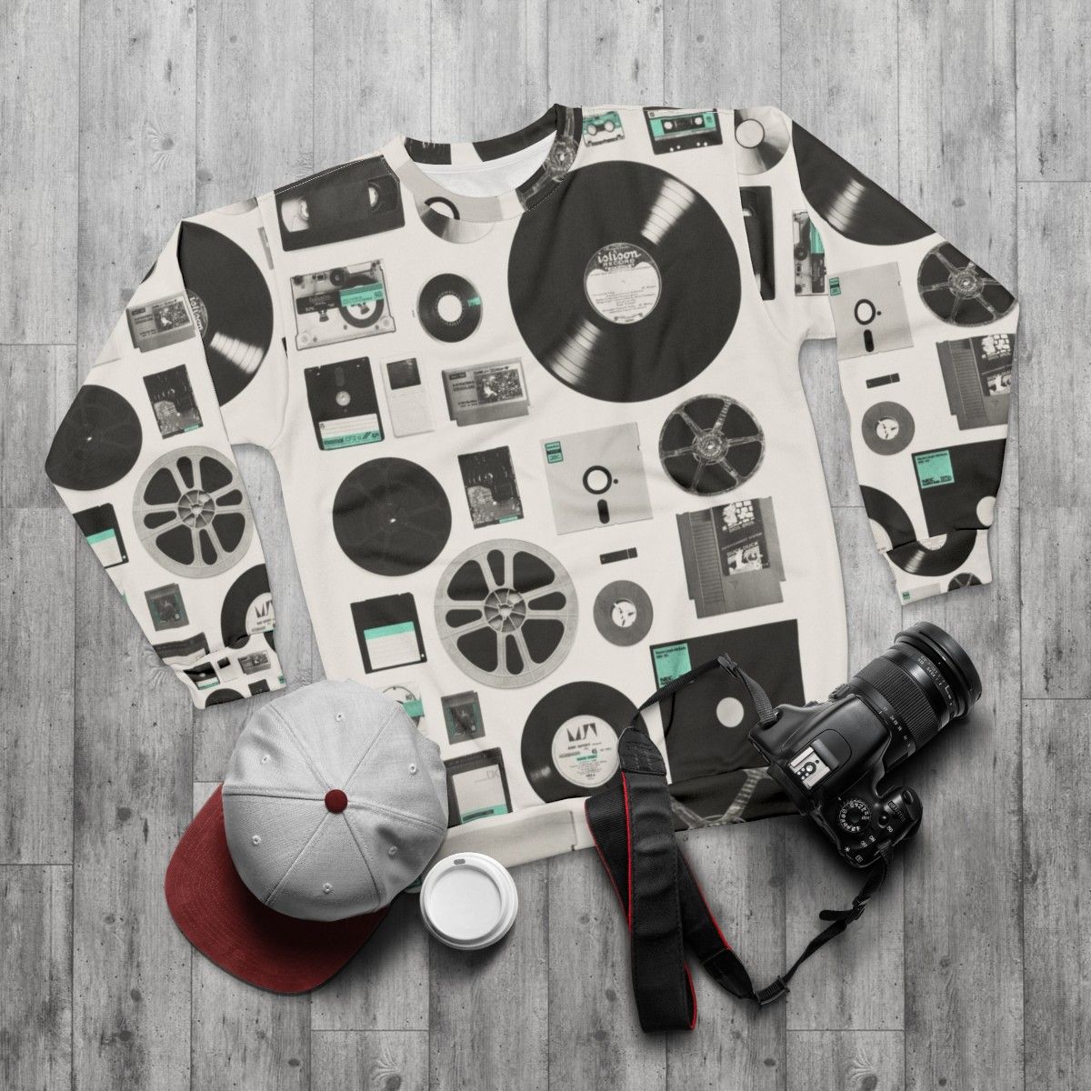 Data Sweatshirt featuring a minimalist design of vintage computer and audio media - flat lay