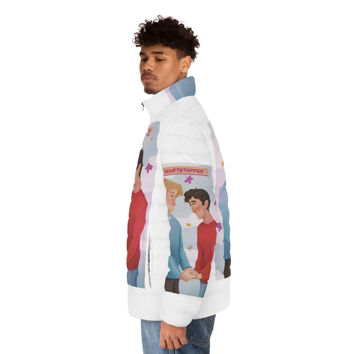 Heartstopper inspired puffer jacket featuring Charlie Spring and Nick Nelson character art - men side left