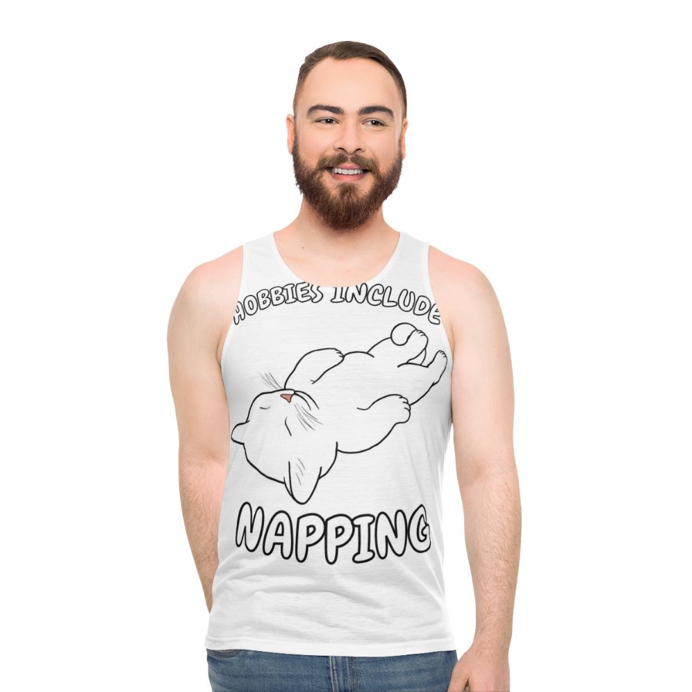 White cat napping unisex tank top - men