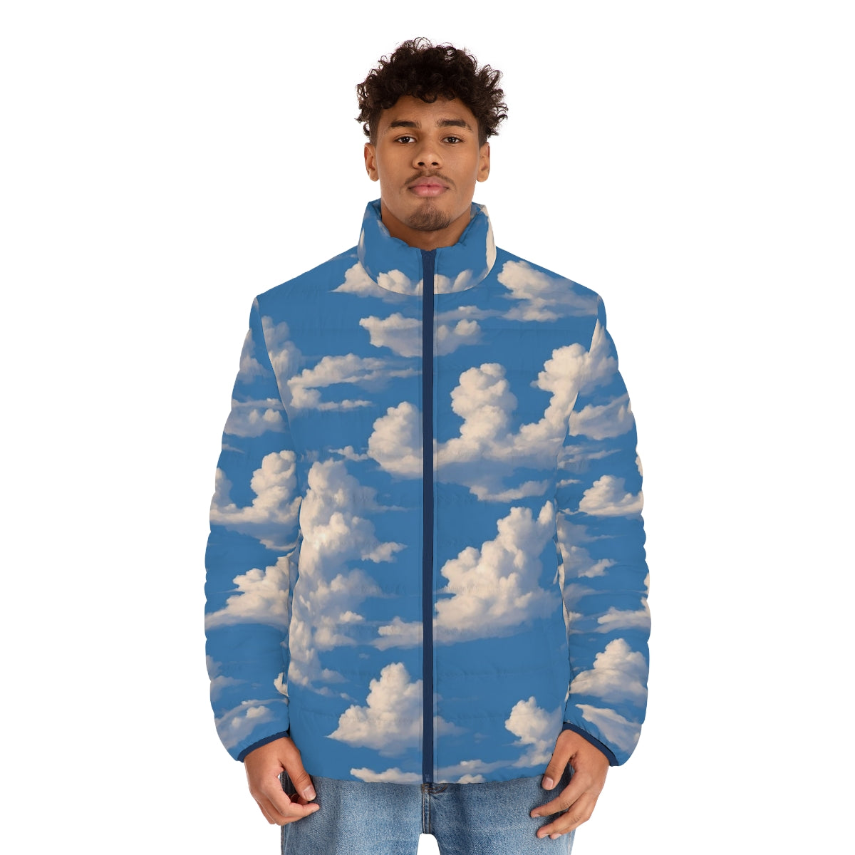 Cloudy sky puffer jacket with nature landscape design - men front