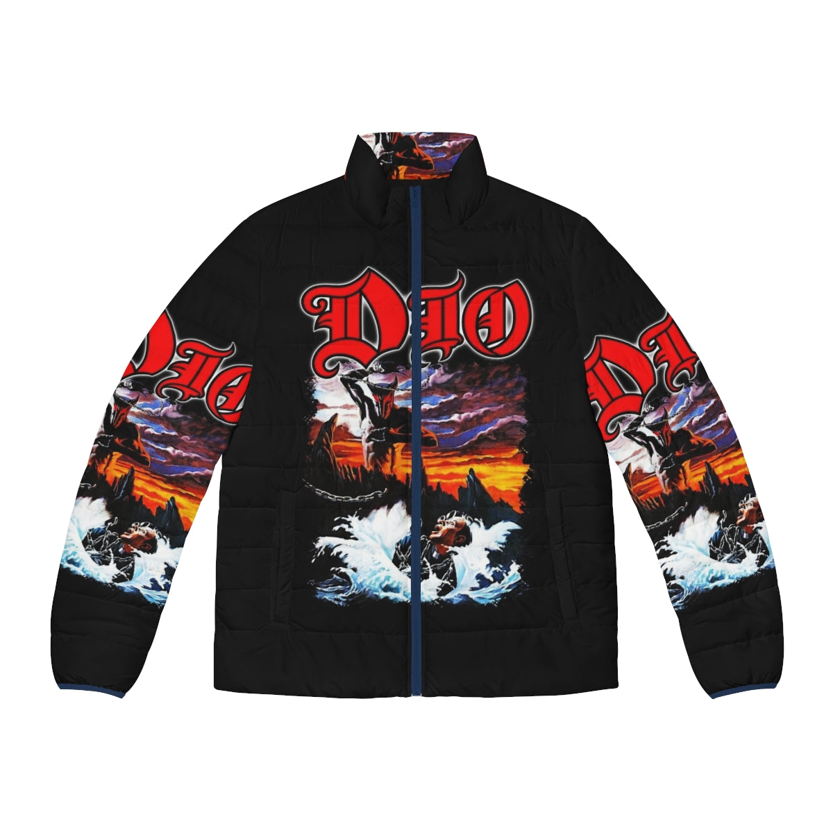 Dio-inspired puffer jacket with heavy metal design