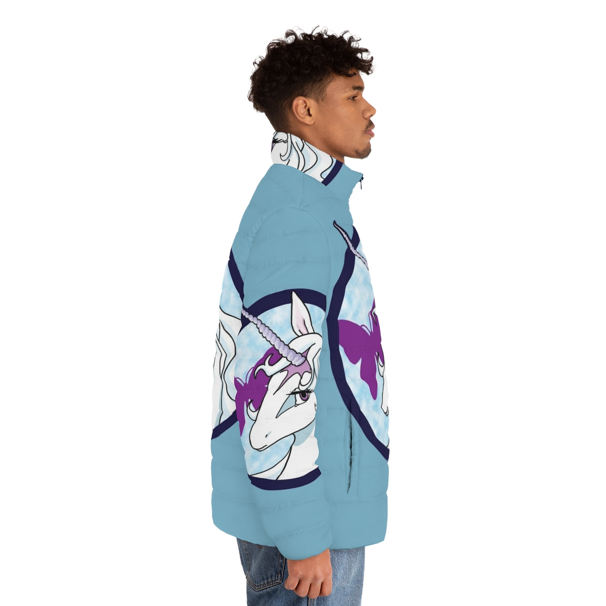 A cozy white and blue puffer jacket featuring the iconic unicorn from The Last Unicorn - men side right