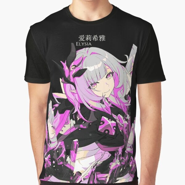 Honkai Impact Elysia fantasy graphic t-shirt with crystal and hieroglyph design