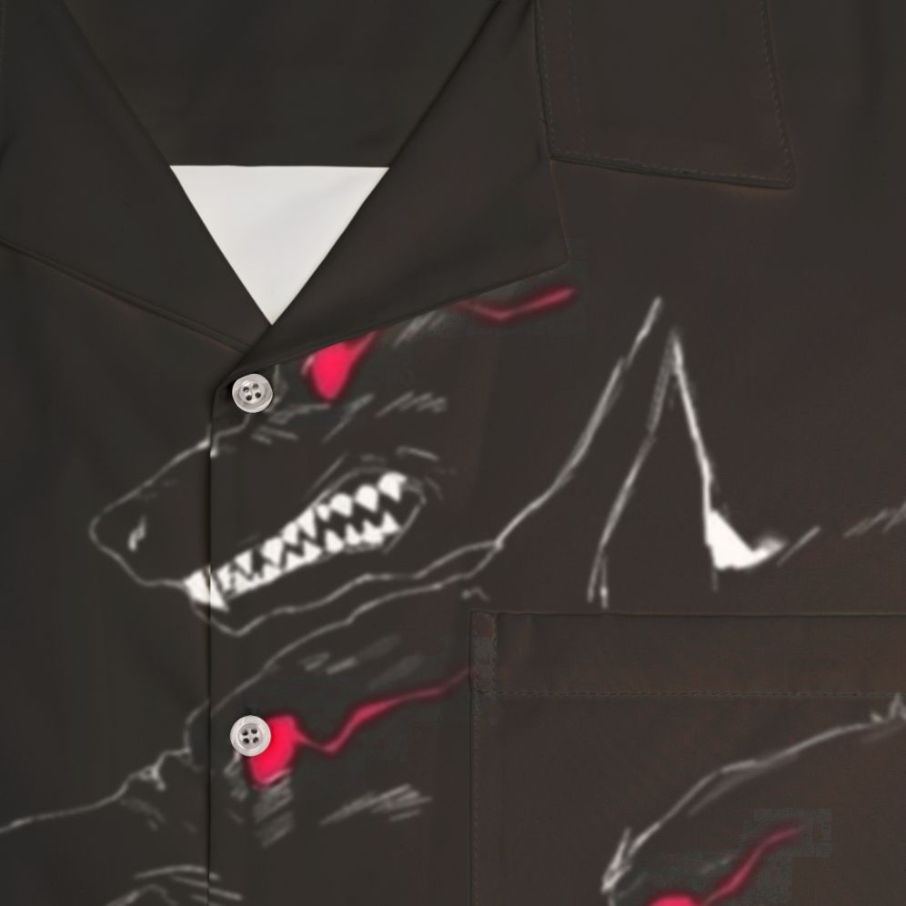 Black Hawaiian shirt featuring a fierce wolf pack design - Detail