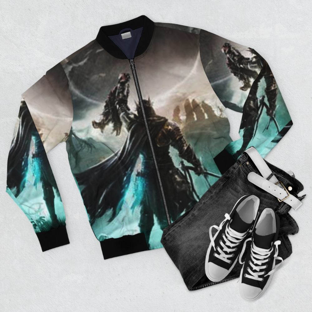 Elden Ring video game inspired bomber jacket with fantasy and gaming design elements. - Flat lay