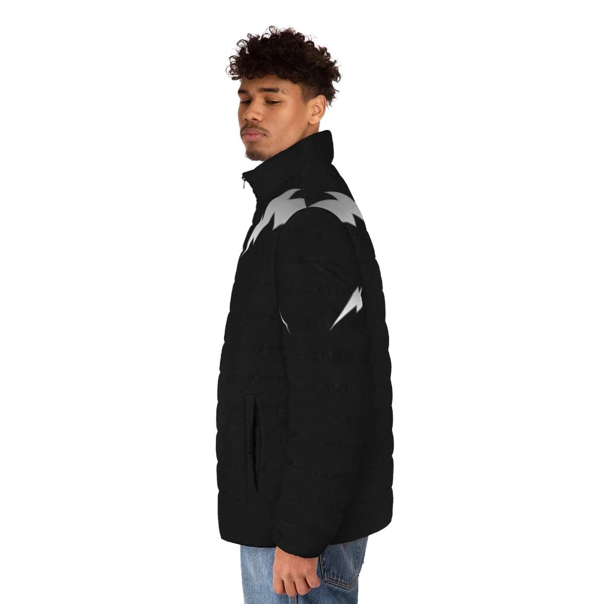 A silver puffer jacket with a lightning bolt design, representing the power and energy of electricity. - men side left