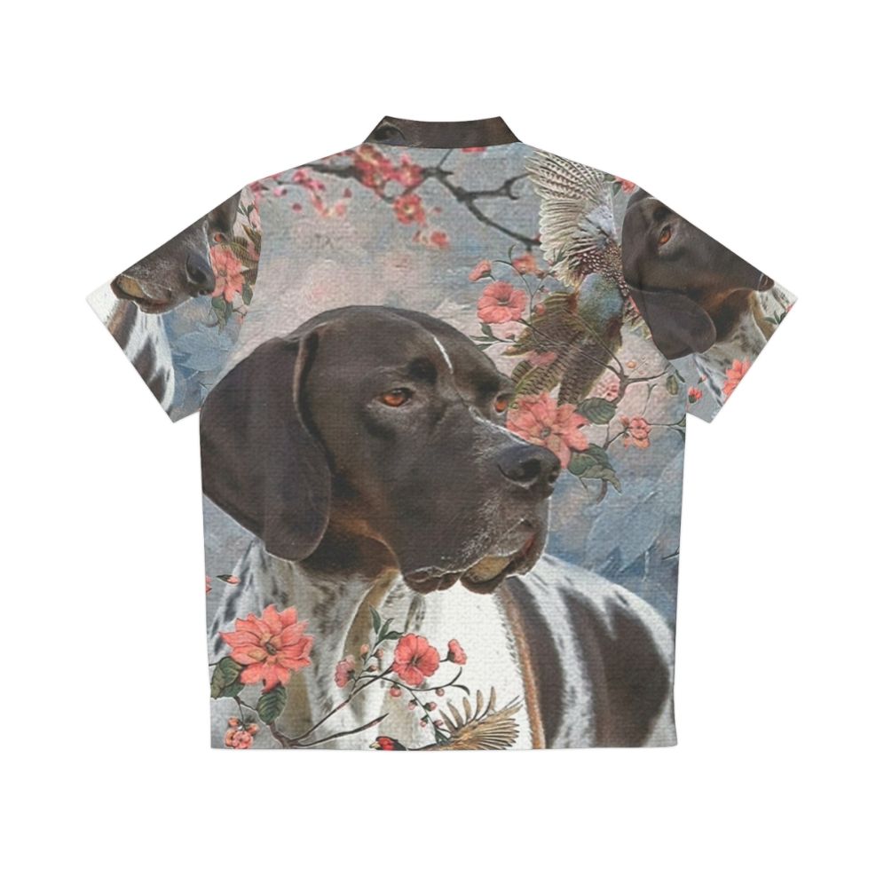 Pointer dog wearing a Hawaiian shirt with a floral and pheasant design - Back