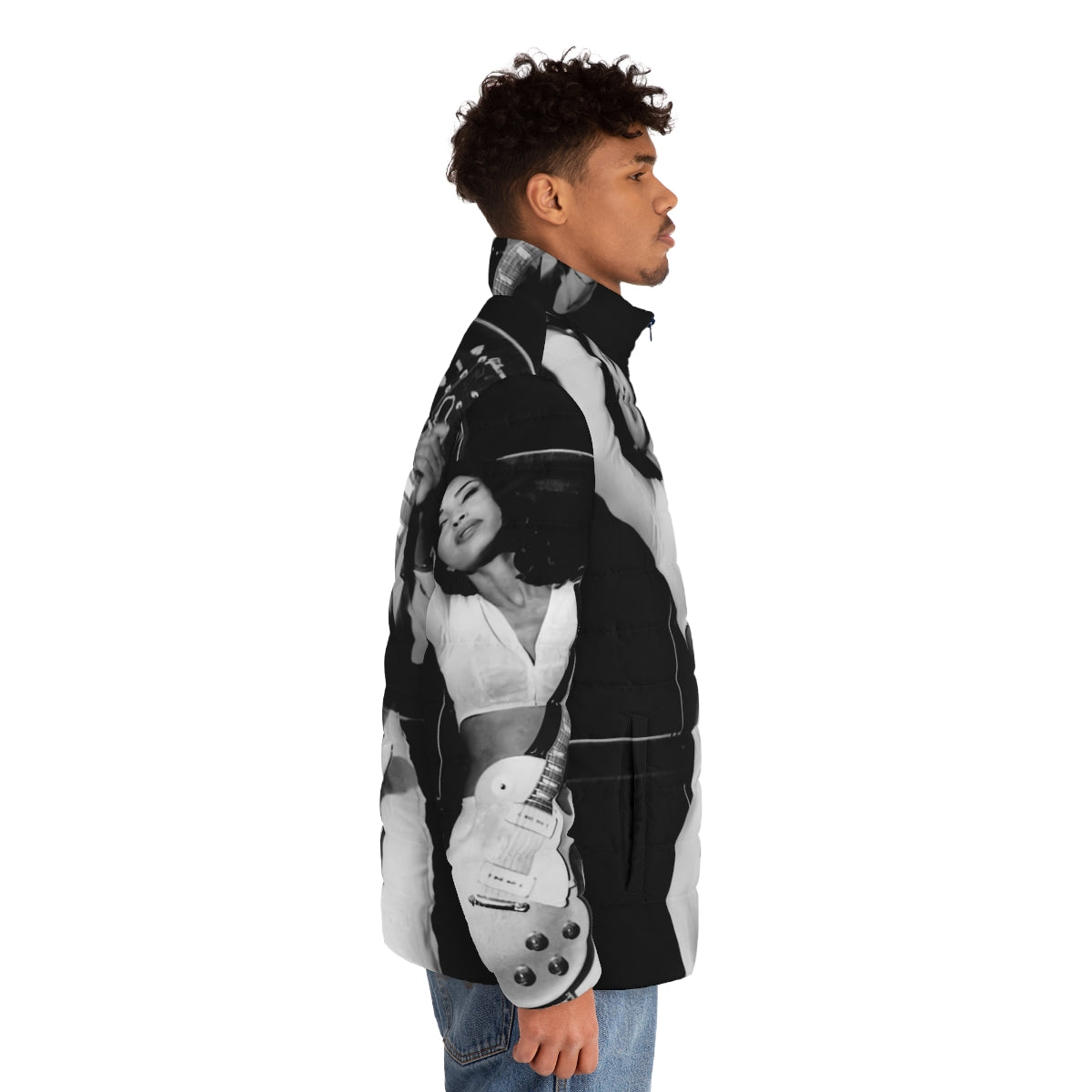 A puffer jacket featuring a photo of the iconic musician Sade, with a guitar and retro-inspired design. - men side right