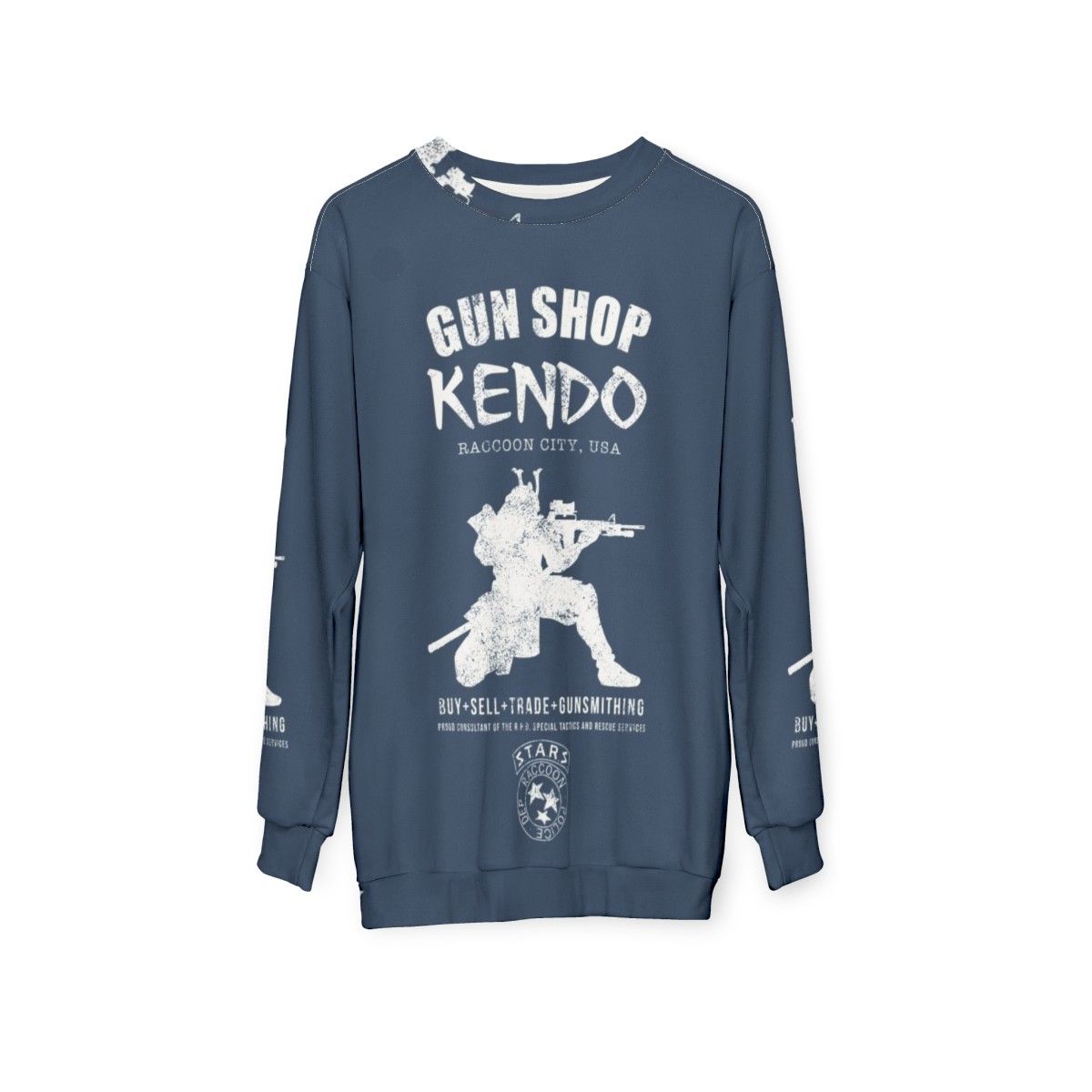 Kendo Gun Shop Sweatshirt featuring Resident Evil survival horror gaming elements - hanging