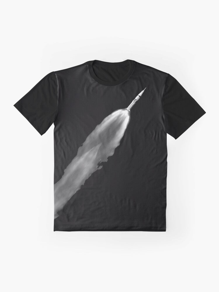 Graphic t-shirt with a rocket launch design, featuring the Saturn V rocket and space elements. - Flat lay