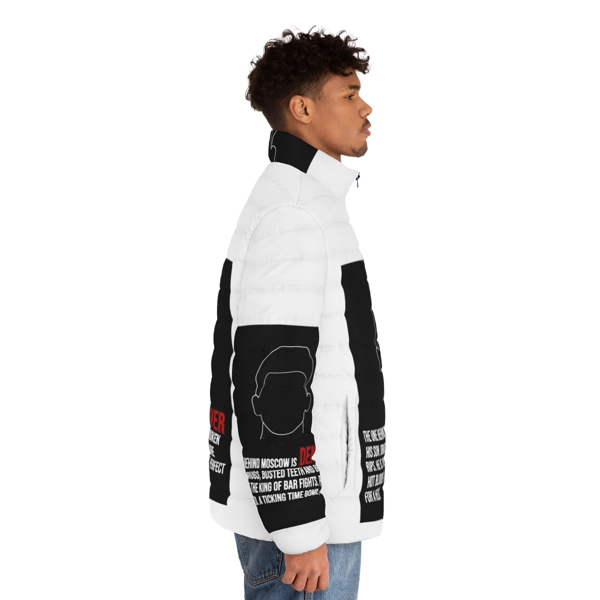 Denver House of Money Puffer Jacket featuring iconic Money Heist inspired lineart design - men side right