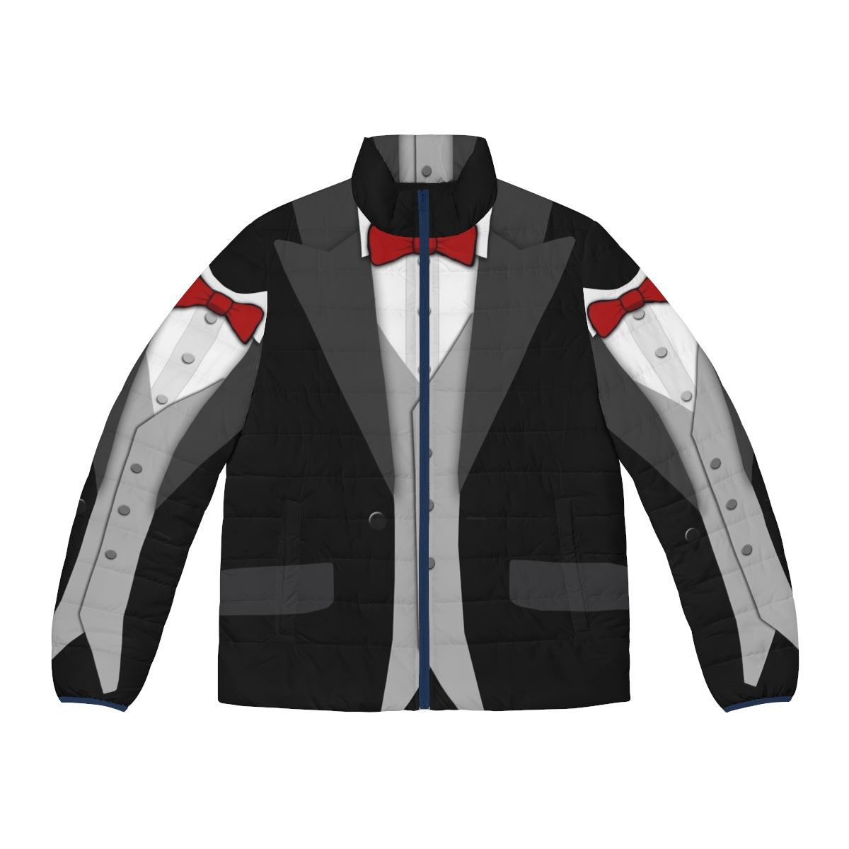 A black puffer jacket with a classic tuxedo look, featuring a red bowtie and vest for a unique formal style.