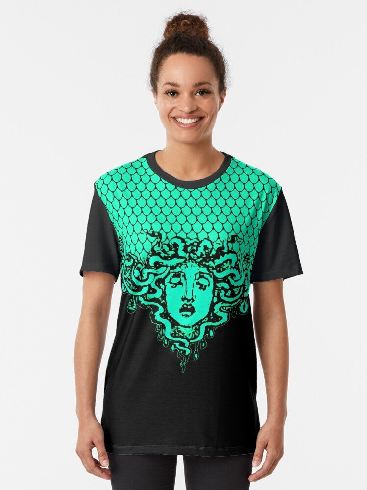 Athena's Aegis Armor Graphic T-Shirt featuring ancient Greek mythology design - Women