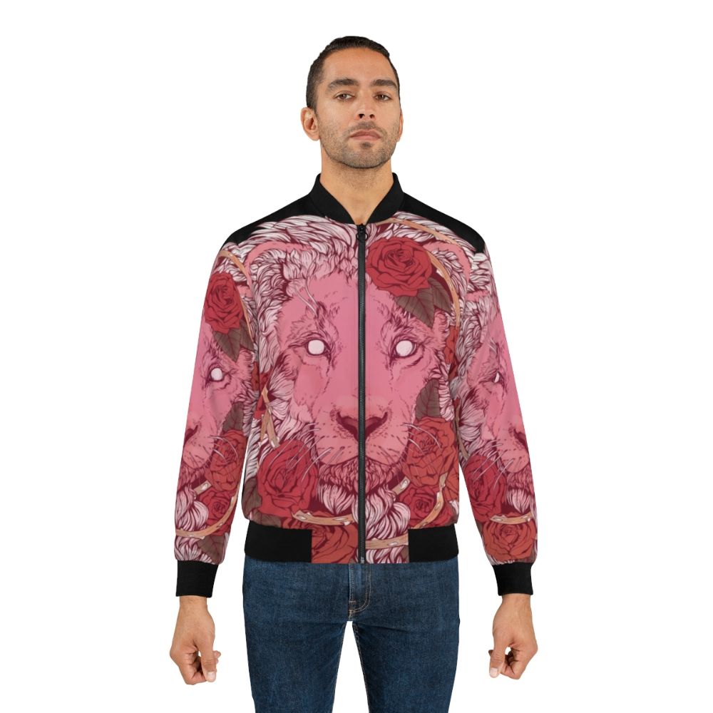 Lion of Roses Bomber Jacket featuring a majestic lion design with roses and glowing eyes - Lifestyle