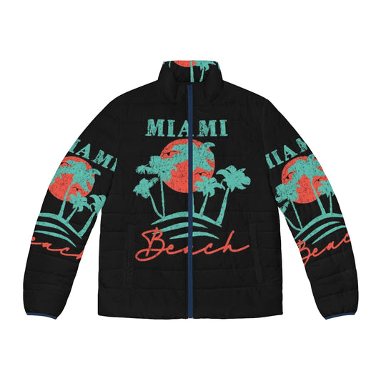 Vintage Miami Beach Retro Sunset Distressed Puffer Jacket