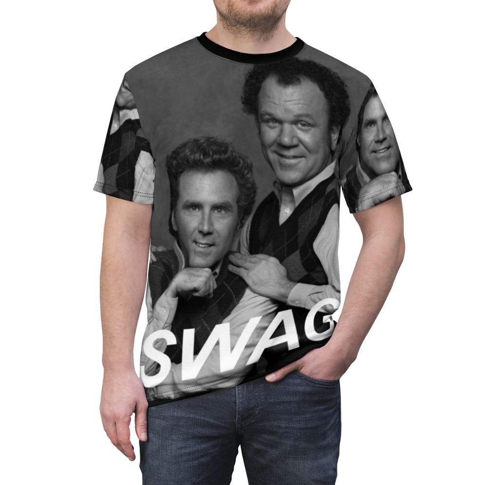 Humorous portrait graphic t-shirt inspired by the classic comedy film Step Brothers - men front