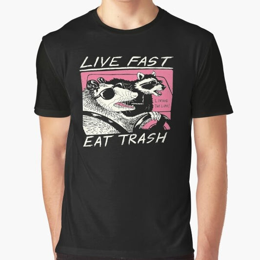 A graphic t-shirt with a live fast, eat trash design featuring a raccoon in a retro-style illustration.