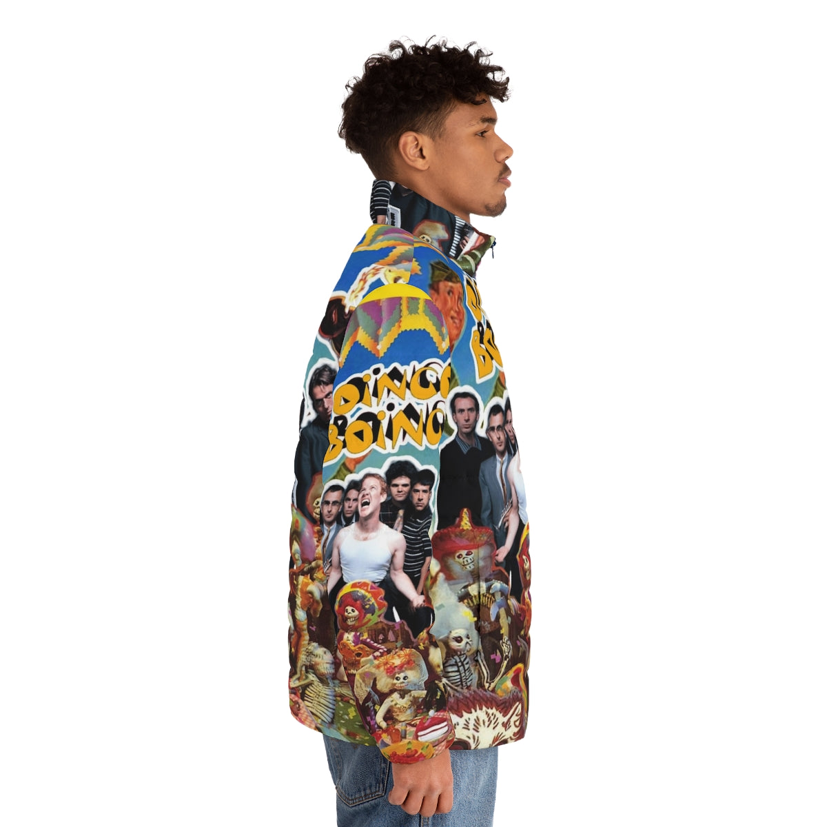 Oingo Boingo Puffer Jacket featuring the band's iconic logo and retro 80s new wave style - men side right