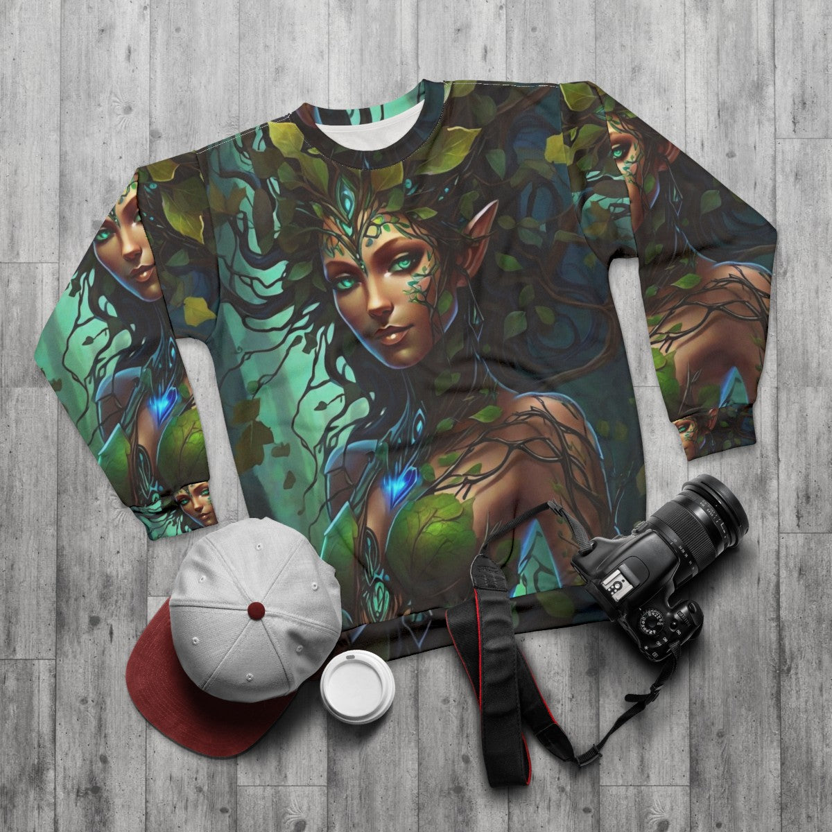 Forest nymph dryad inspired cozy sweatshirt - flat lay