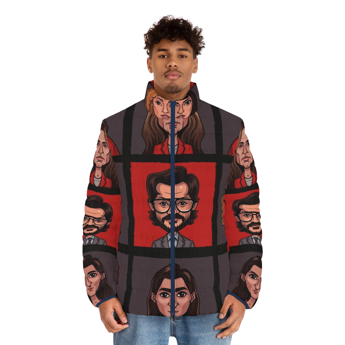 Money Heist Lineup Puffer Jacket featuring the main characters - men front