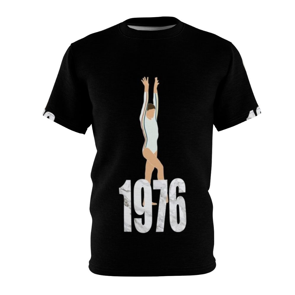 Nadia Comaneci inspired gymnastics t-shirt featuring a gymnast in mid-jump