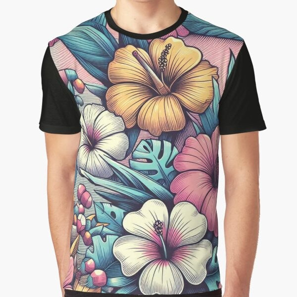 Retro tropical flowers Hawaiian pattern graphic t-shirt