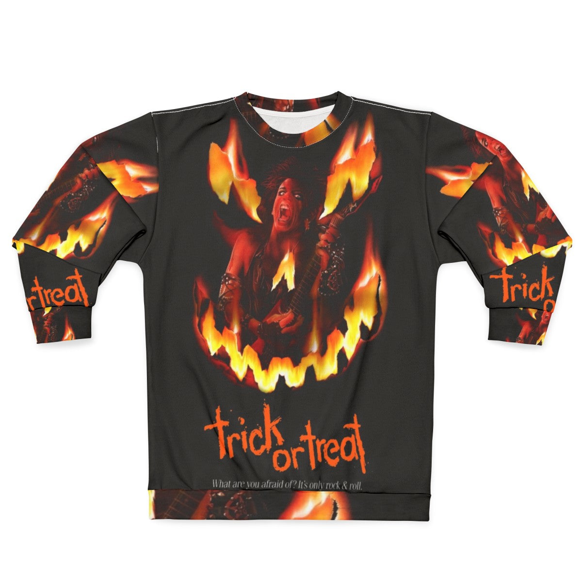 Trick or Treat Sweatshirt featuring horror movie inspired retro rock graphics