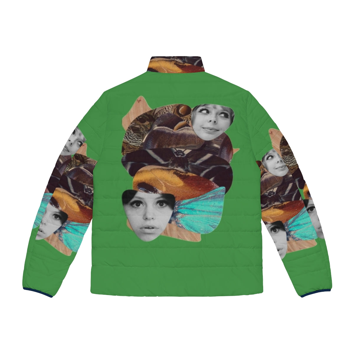 Women's puffer jacket with collage design inspired by Czech filmmaker Vera Chytilova's experimental film Sedmikrasky - Back