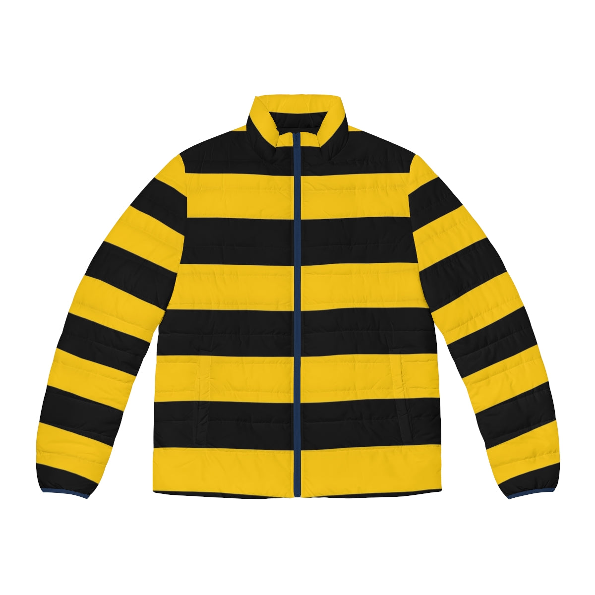 Puffer jacket with a vibrant bee pattern in black and yellow stripes