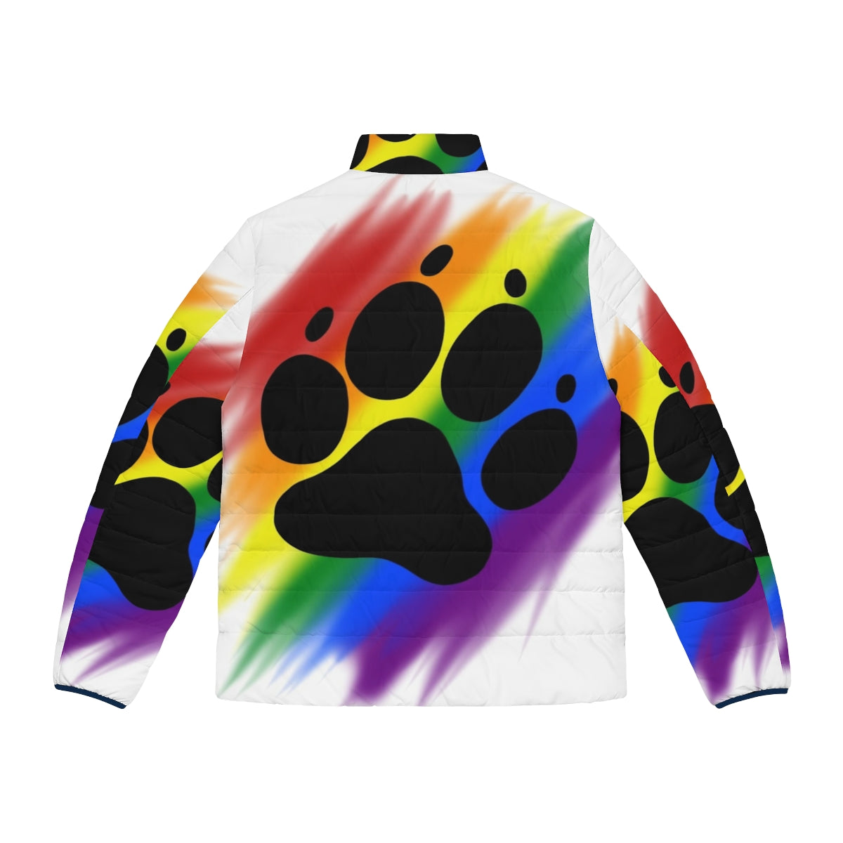 Colorful rainbow puffer jacket with dog paw print design - Back