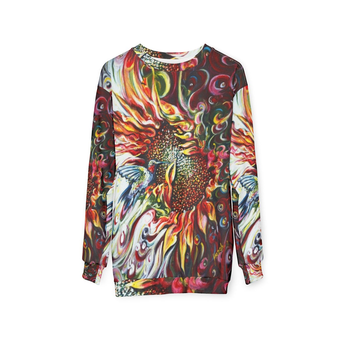 Colorful sunflowers and hummingbird nature sweatshirt - hanging