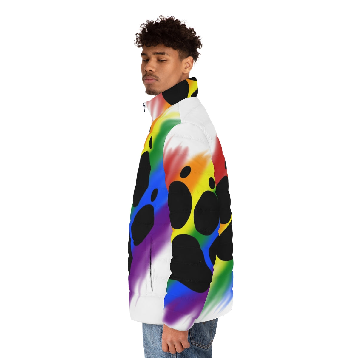 Colorful rainbow puffer jacket with dog paw print design - men side left