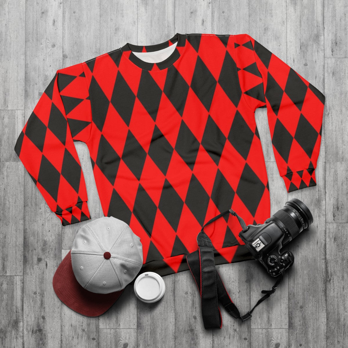 Red and Black Harlequin Diamond Pattern Sweatshirt - flat lay