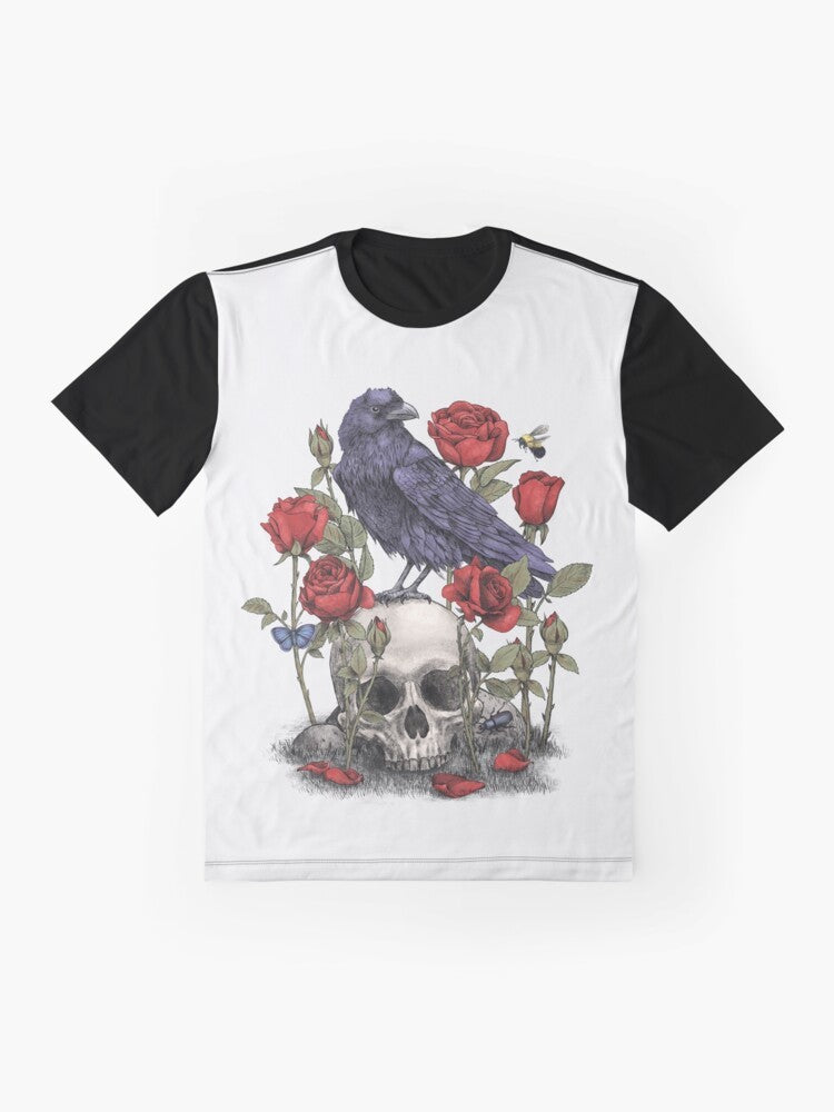 Memento mori graphic t-shirt featuring a raven, skull, and floral design by artist Terry Fan - Flat lay